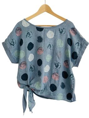 Linen Polka Dot Top Tie Front Blue Lagenlook Beach Resort S M Artsy Art Teacher
